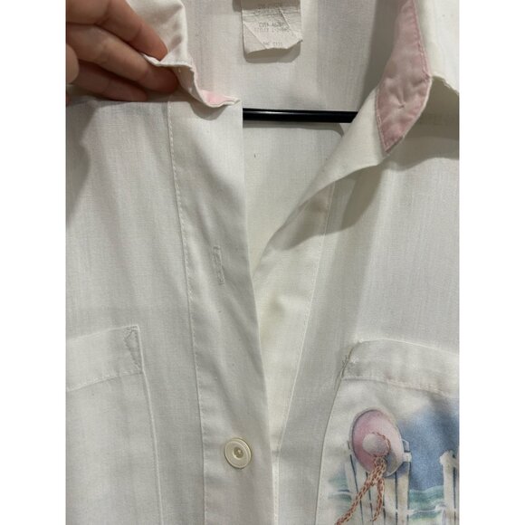 Vintage Tiger Lily Beach Scene Button-Down Womens Shirt Cream White Pink Collar - Picture 5 of 9